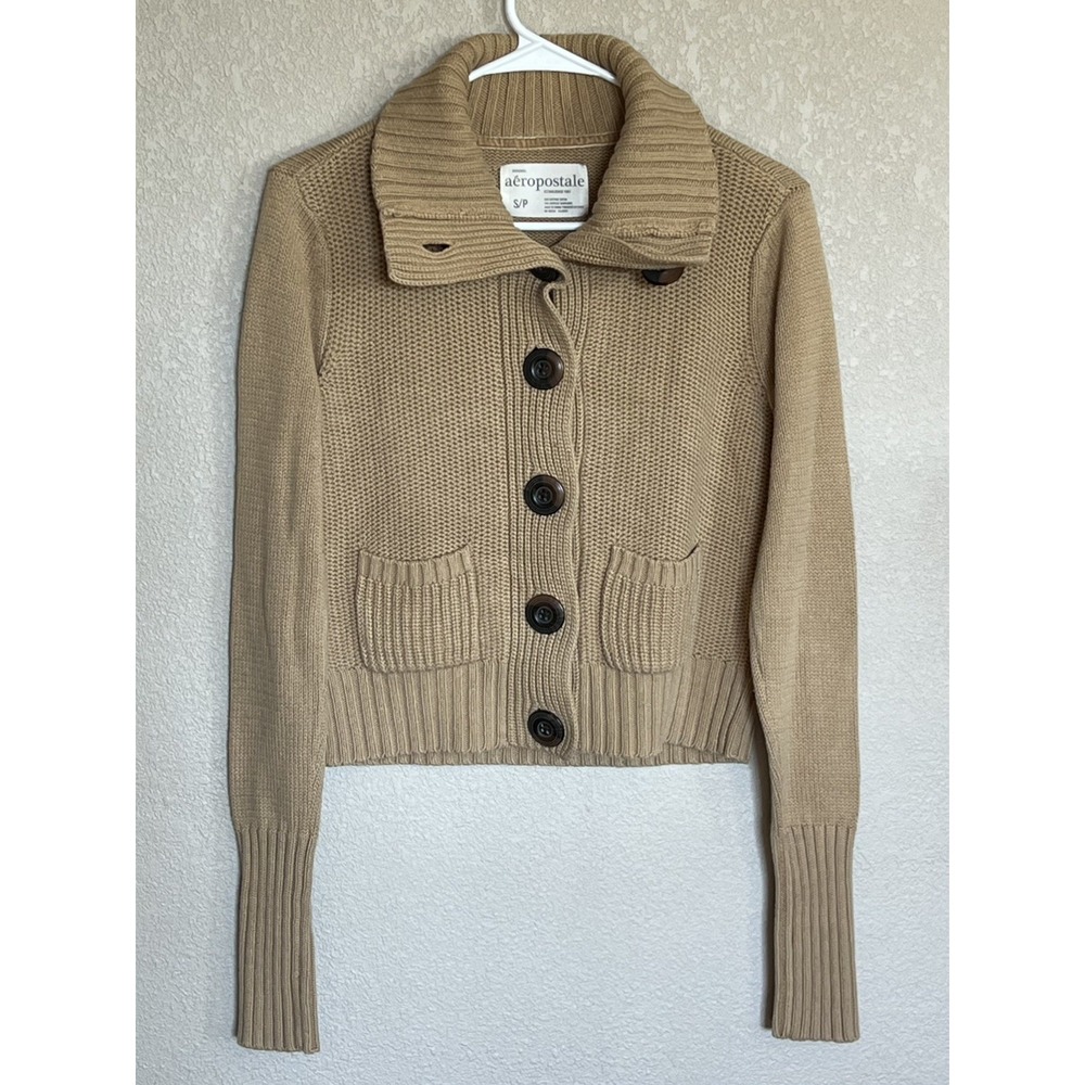 Vintage Y2K Aeropostale Women's Cable Knit Ribbed Button Sweater Tan Size S